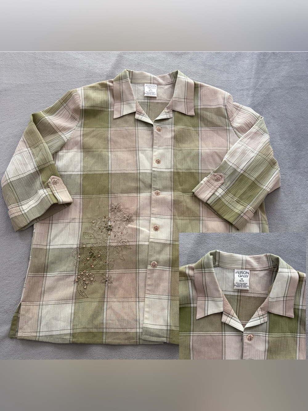Allison Daley Olive and Beige Plaid Button-Down Shirt